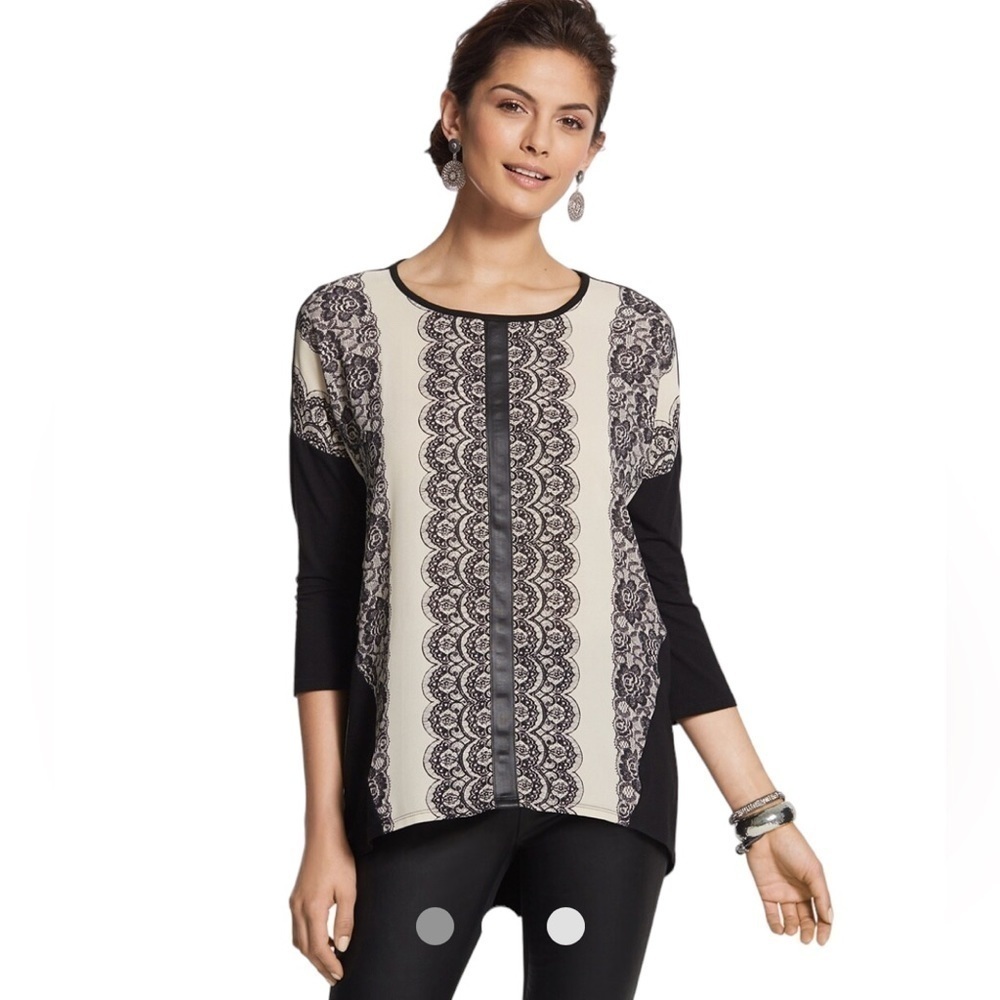 Chicos Lace Printed Block Pattern Black Top